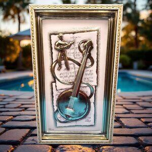 Auld Lang Syne MCM Shadow Box Art By Philippe Featuring 3D Banjo & Music Notes